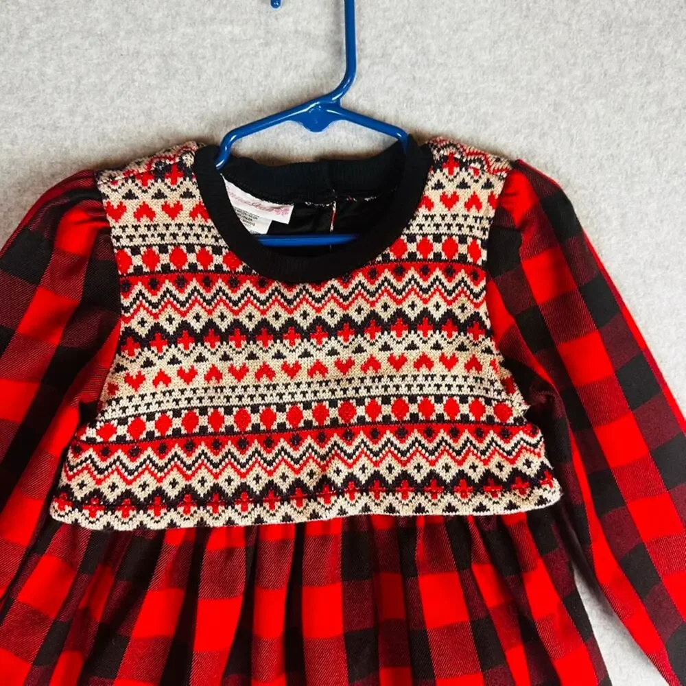 Bonnie Baby Girls Sz 4T Dress Buffalo Plaid Red Black Long‎ Sleeve Button